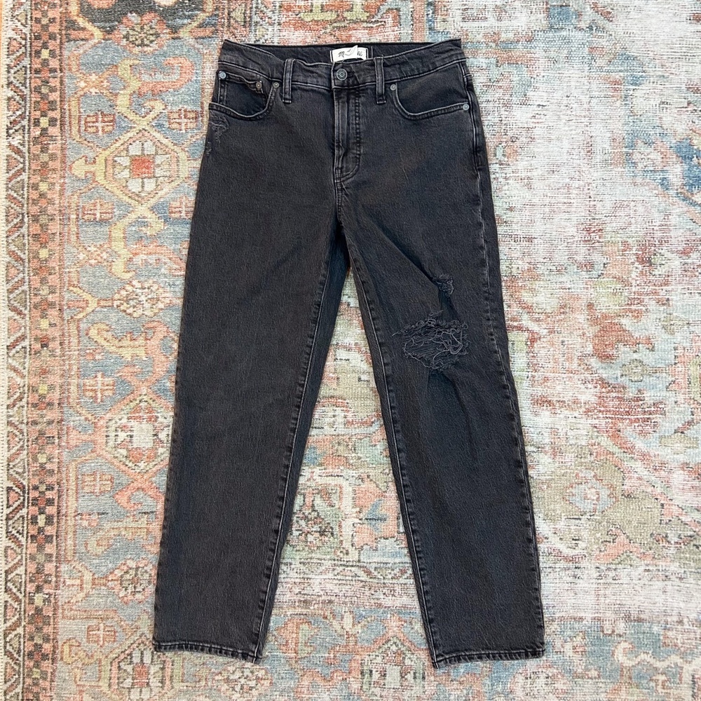 MADEWELL Womens Mid Rise Distressed Perfect Vintage Straight Jean Black 28